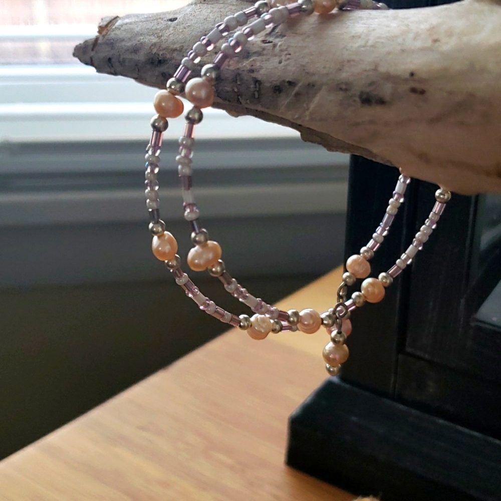 Hand crafted wire wrap pearl and bead bracelet